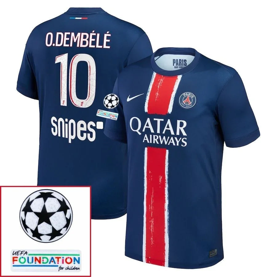 Paris Saint-Germain O.DEMBELE 10 Fan Jersey Home 2024/25 Patches UCL UEFA Foundation (Official Printing)