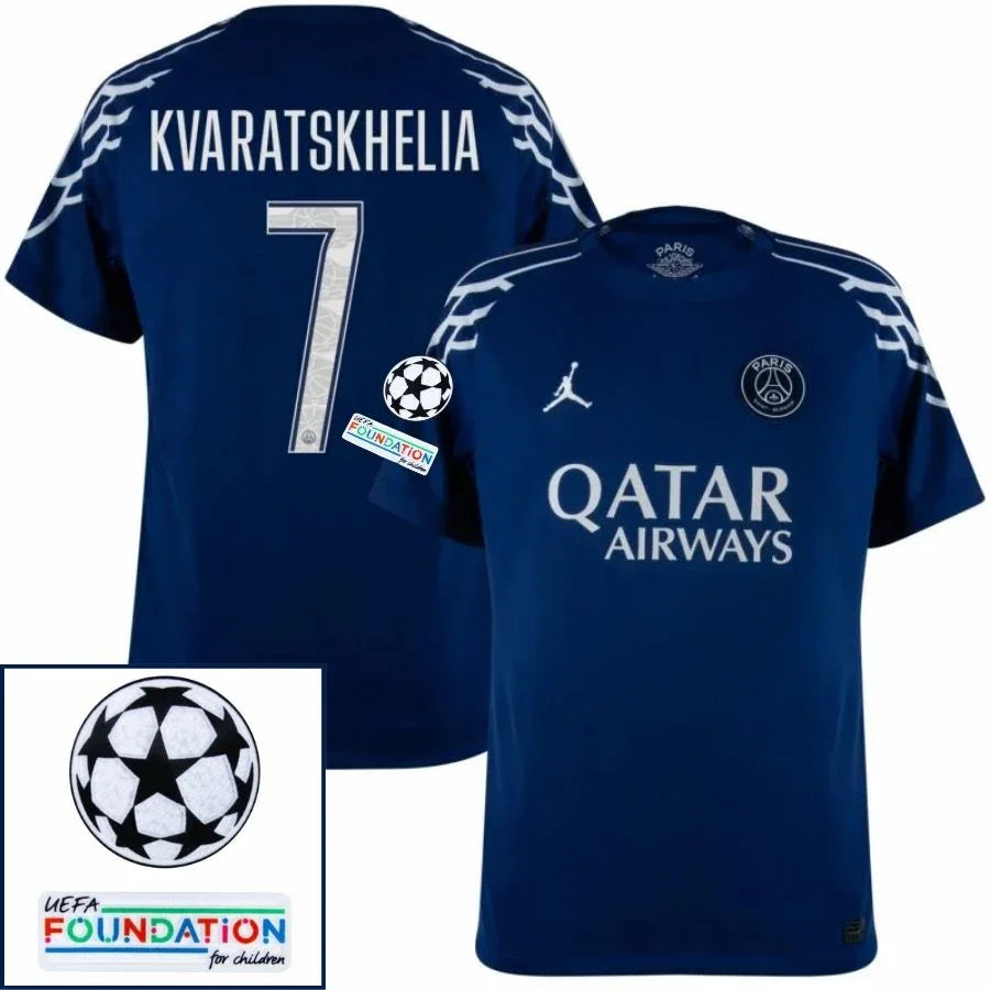 Paris Saint-Germain Kvaratskhelia 7 Fan Jersey Fourth Jordan 2024/25 Patches UCL UEFA Foundation (Official Printing)